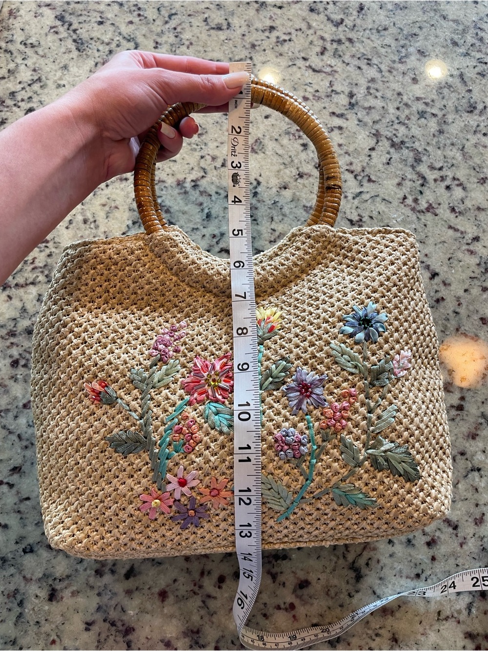 Woven Straw Tote with Embroidered and beaded Floral Design - Beige - Picture 4 of 7